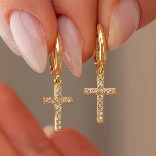 Fashion Christian Jesus Cross Rhinestone Drop Earrings 18K Gold Plated Simple Pendants Hook Earrings For Women Men Jewelry Gift