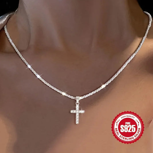 925 Sterling Silver Women's Chain Necklace With Cross Pendant, Hypoallergenic Necklace Gift